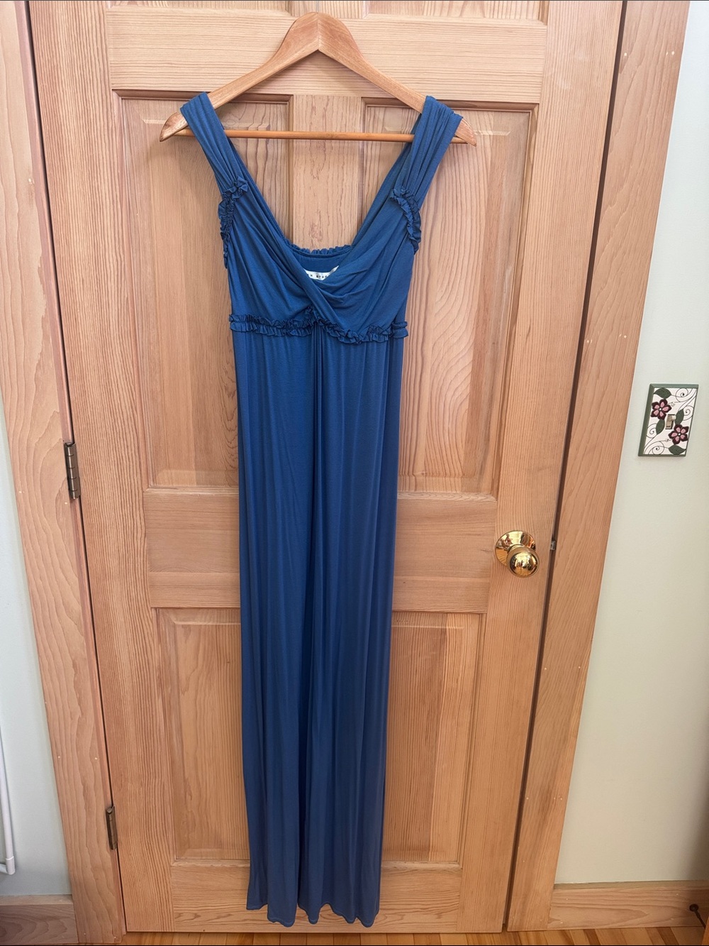 Sleeveless Blue Maxi Dress with Draped V-Neck